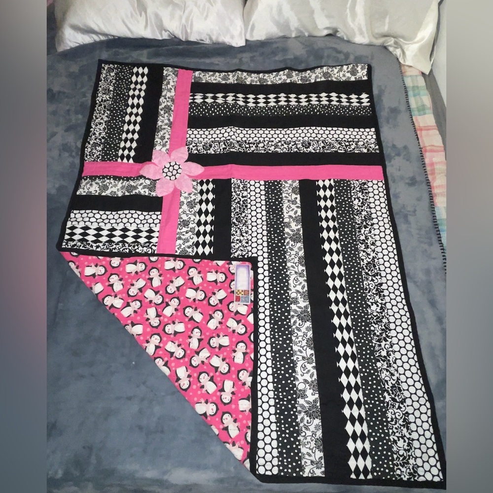 Reversible Kids Handmade Black & White Patchwork Quilt with Pink Accents